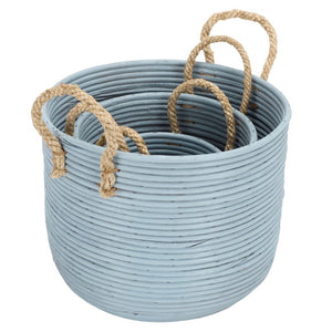Safavieh Grenley Rattan Woven Square Storage Baskets Set of Three Graduated Earthy Boho Organizers Light Blue / Natural STG1817B