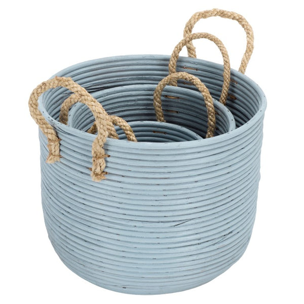 Safavieh Grenley Rattan Woven Square Storage Baskets Set of Three Graduated Earthy Boho Organizers Light Blue / Natural STG1817B