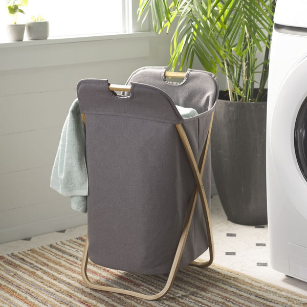 Quinne Laundry Basket - Stylish Bamboo Frame with Grey Linen Bag for Easy Organization & Storage