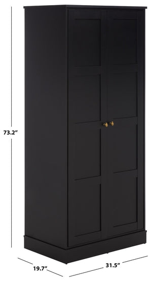 Safavieh Shafa Two Door Wardrobe with Brass Hardware Slim Tall Bedroom Storage Cabinet Black STG3102C-2BX