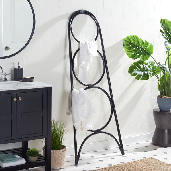 Safavieh Kino Three-Tier Towel Hanger - Stylish Rattan Storage For Towels, Throws, And Scarves In Any Room Black STG6501B