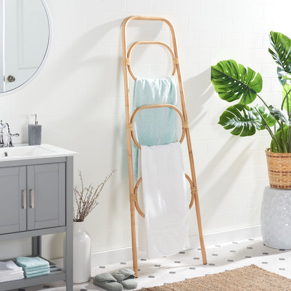 Safavieh Keita Three-Tier Rattan Towel Hanger For Coastal Decor - Space-Saving, Stylish Bathroom Storage Solution Natural STG6502A