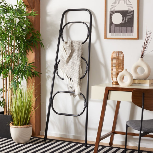 Safavieh Keita Three-Tier Rattan Towel Hanger For Coastal Decor - Space-Saving, Stylish Bathroom Storage Solution Black STG6502B