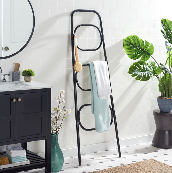 Safavieh Keita Three-Tier Rattan Towel Hanger For Coastal Decor - Space-Saving, Stylish Bathroom Storage Solution Black STG6502B