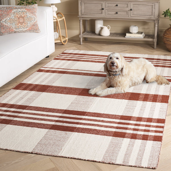 Safavieh Striped Handloom Durrie Kilim Rug Rust Ivory Plaid Flatweave — Wool Cotton, Low-Profile Rustic Charm 3'-0" x 5'-0" STK902P-3