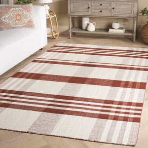 Safavieh Striped Handloom Durrie Kilim Rug Rust Ivory Plaid Flatweave — Wool Cotton, Low-Profile Rustic Charm 3'-0" x 5'-0" STK902P-3