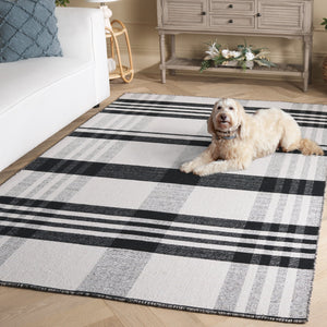 Safavieh Striped Handloom Durrie Runner In Black & Light Blush — Wool-Cotton Kilim Plaid, Low Pile Durability 2'-3" x 8'-0" STK902U-28