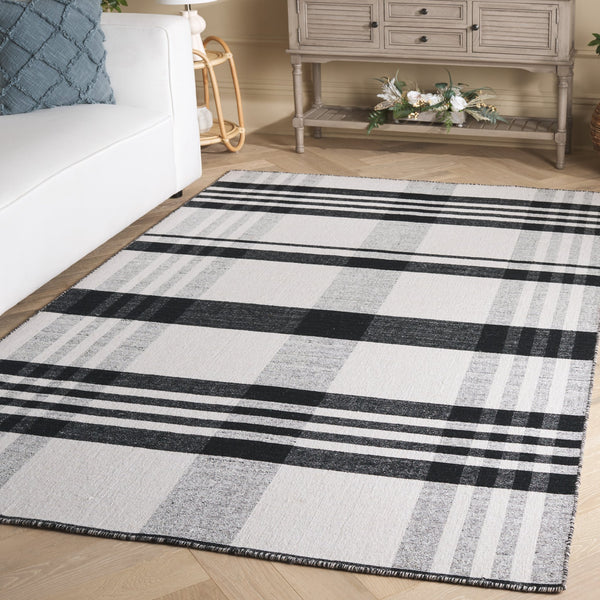 Safavieh Striped Handloom Kilim Rug In Black & Light Blush — Low‑Profile Wool-Cotton Durrie, Modern Texture 6'-0" x 9'-0" STK902U-6