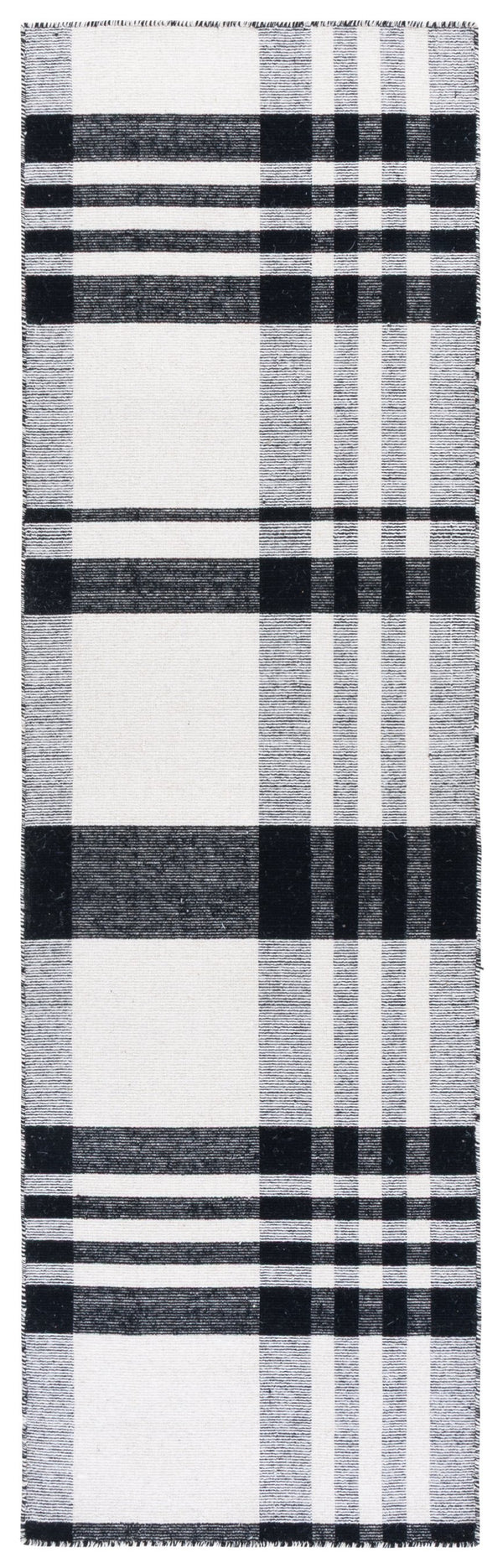 Safavieh Striped Handloom Kilim Runner In Black & Ivory Plaid — Durable Wool-Cotton Flatweave For Hallways 2'-3" x 8'-0" STK902Z-28