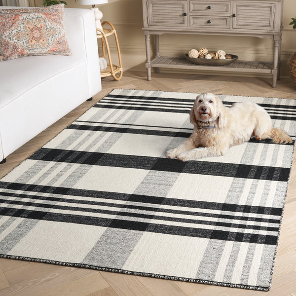 Safavieh Striped Handloom Kilim Runner In Black & Ivory Plaid — Durable Wool-Cotton Flatweave For Hallways 2'-3" x 8'-0" STK902Z-28