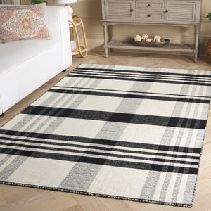 Safavieh Striped Handloom Kilim Rug Black Ivory Plaid — Wool-Cotton Durable Durrie Weave, Low Pile Accent 5X8 6'-0" x 9'-0" STK902Z-6