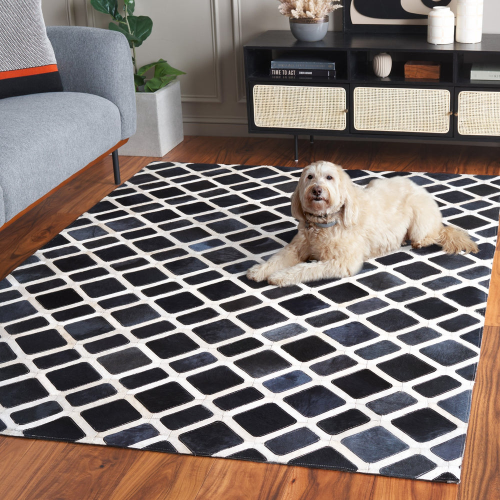Safavieh Studio Hand-Woven Leather Area Rug Black Ivory Geometric Pattern Low-Profile Luxury Accent Rug 4'-0" x 6'-0" STL103Z-4