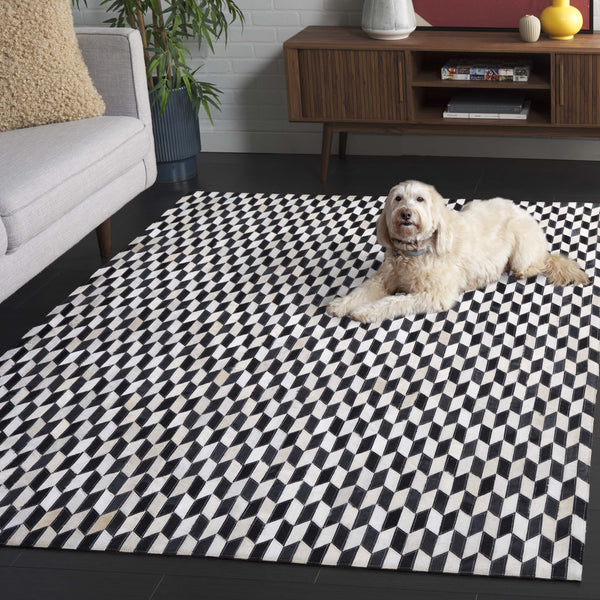 Safavieh Studio Hand-Woven Leather Area Rug 3X5 Ivory & Black Geometric Luxury, Durable Artisan Craftsmanship, Low-Profile STL108A-3