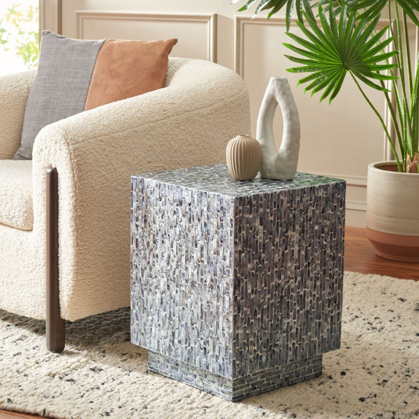 Safavieh Blythe Square Stool - Sculptural Accent With Luxurious Capiz Shell Inlay For Modern Interiors Jet Black STL1801B
