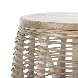 Safavieh Maui Coastal Rattan Drum Stool Table - Handcrafted Accent Piece For Modern And Eclectic Spaces White Washed STL6500A