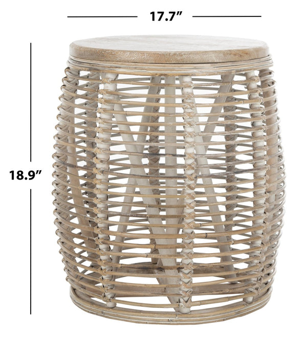 Safavieh Maui Coastal Rattan Drum Stool Table - Handcrafted Accent Piece For Modern And Eclectic Spaces White Washed STL6500A