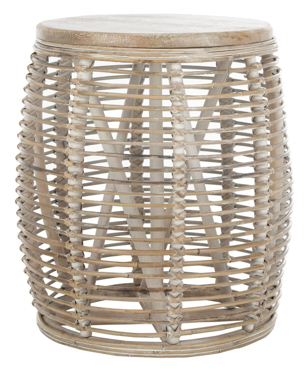 Safavieh Maui Coastal Rattan Drum Stool Table - Handcrafted Accent Piece For Modern And Eclectic Spaces White Washed STL6500A
