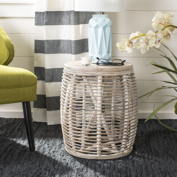 Safavieh Maui Coastal Rattan Drum Stool Table - Handcrafted Accent Piece For Modern And Eclectic Spaces White Washed STL6500A