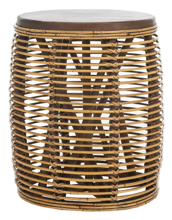 Safavieh Maui Coastal Rattan Drum Stool Table - Handcrafted Accent Piece For Modern And Eclectic Spaces Honey Brwn Wash STL6500B