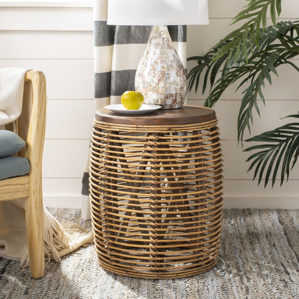 Safavieh Maui Coastal Rattan Drum Stool Table - Handcrafted Accent Piece For Modern And Eclectic Spaces Honey Brwn Wash STL6500B