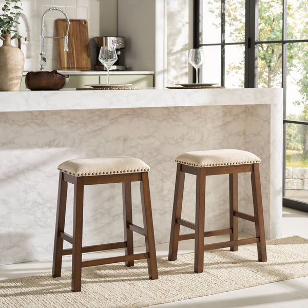 Aero Counter Stool Set Of 2 With Upholstered Seat, Nailhead Trim & Rubberwood Frame For Stylish Comfort