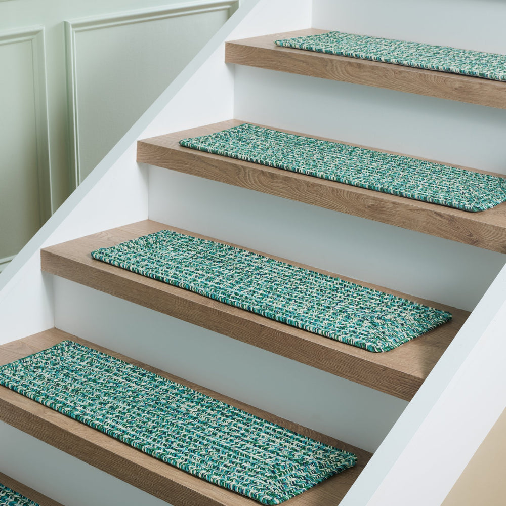 Safavieh Braided Teal Green Stair Tread 24X8 Hand-Woven Coastal Rug Runner, Slip-Resistant, Machine Washable STT201K-SET3