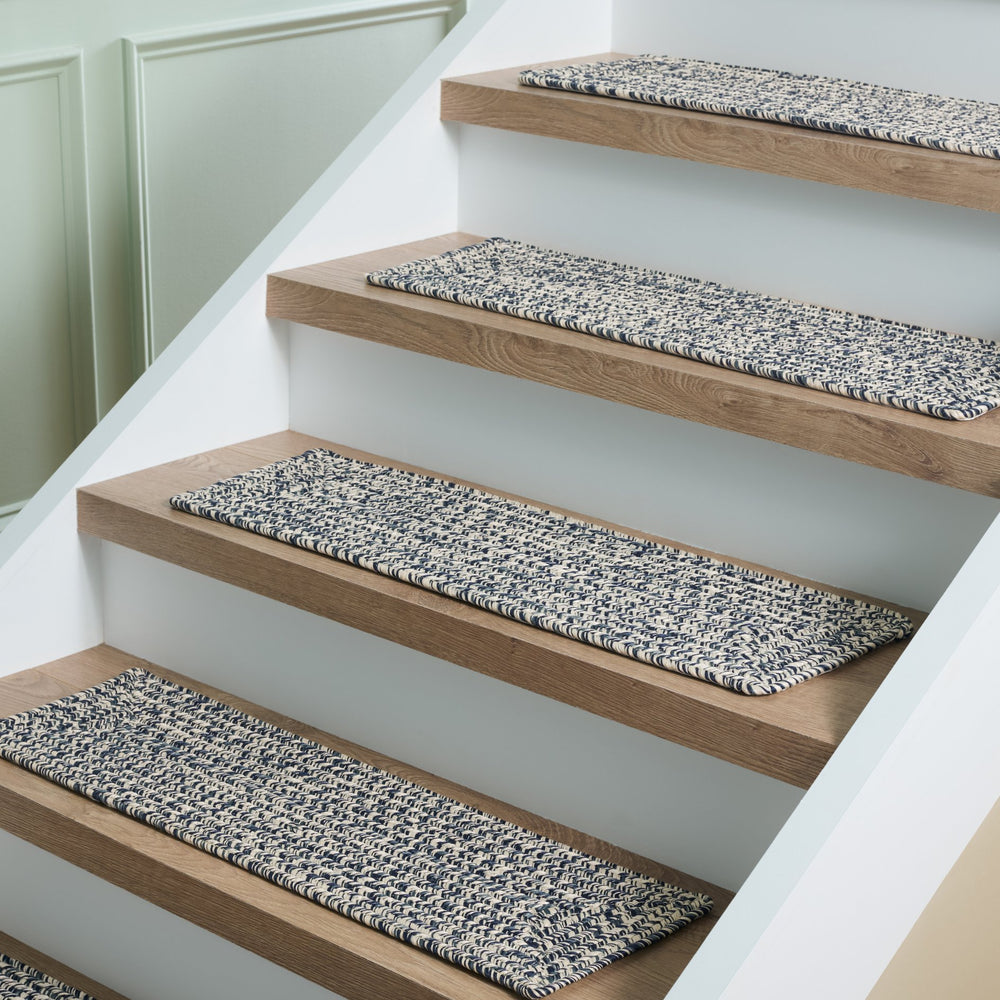 Safavieh Braided Hand-Woven Stair Tread 8"X28" Dark Blue Ivory - Slip-Resistant, Low-Profile Coastal Charm STT201N-SET3