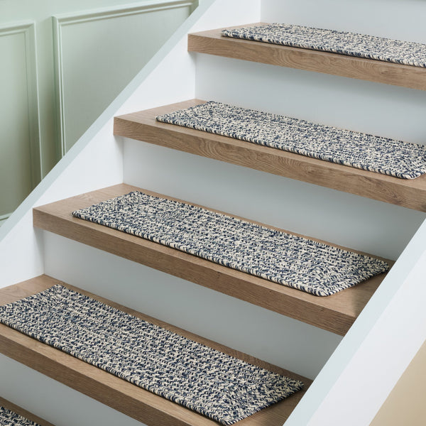 Safavieh Braided Hand-Woven Stair Tread 8"X28" Dark Blue Ivory - Slip-Resistant, Low-Profile Coastal Charm STT201N-SET3