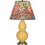 Robert Abbey Sunset Small Double Gourd Accent Lamp Sunset Yellow Glazed Ceramic with Antique Brass Finished Accents Fall Floral Fabric Shade