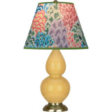 Robert Abbey Sunset Small Double Gourd Accent Lamp Sunset Yellow Glazed Ceramic with Antique Brass Finished Accents Spring Floral Fabric Shade