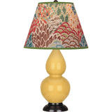 Robert Abbey Sunset Small Double Gourd Accent Lamp Sunset Yellow Glazed Ceramic with Deep Patina Bronze Finished Accents Fall Floral Fabric Shade