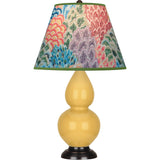 Robert Abbey Sunset Small Double Gourd Accent Lamp Sunset Yellow Glazed Ceramic with Deep Patina Bronze Finished Accents Spring Floral Fabric Shade