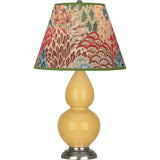 Robert Abbey Sunset Small Double Gourd Accent Lamp Sunset Yellow Glazed Ceramic with Antique Silver Finished Accents Fall Floral Fabric Shade