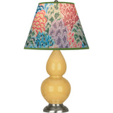 Robert Abbey Sunset Small Double Gourd Accent Lamp Sunset Yellow Glazed Ceramic with Antique Silver Finished Accents Spring Floral Fabric Shade