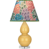 Robert Abbey Sunset Small Double Gourd Accent Lamp Sunset Yellow Glazed Ceramic with Lucite Base Spring Floral Fabric Shade