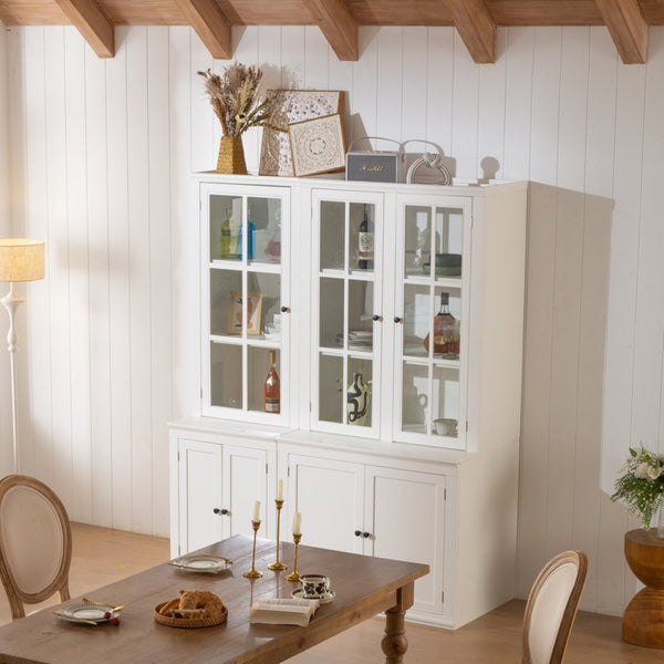 English Elm 75.25'' Farmhouse Two-piece Pantry Set with Lattice Glass Doors and White Mdf Finish SUIT04_N845P263124W