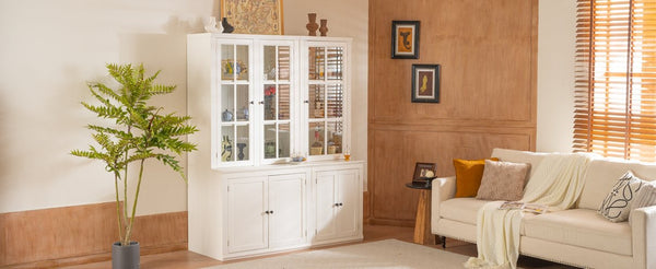English Elm 75.25'' Farmhouse Two-piece Pantry Set with Lattice Glass Doors and White Mdf Finish SUIT04_N845P263124W