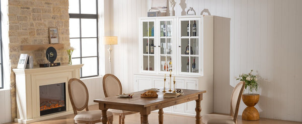 English Elm 75.25'' Farmhouse Two-piece Pantry Set with Lattice Glass Doors and White Mdf Finish SUIT04_N845P263124W