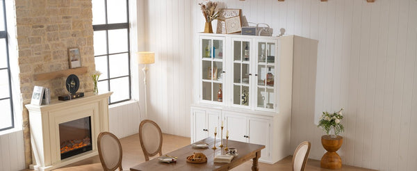 English Elm 75.25'' Farmhouse Two-piece Pantry Set with Lattice Glass Doors and White Mdf Finish SUIT04_N845P263124W