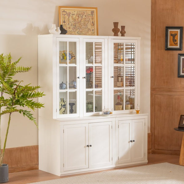 English Elm 75.25'' Farmhouse Two-piece Pantry Set with Lattice Glass Doors and White Mdf Finish SUIT04_N845P263124W