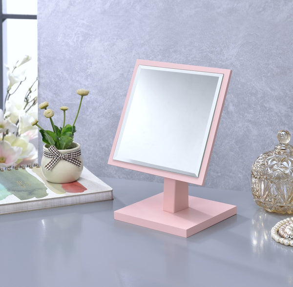 ORE International 9.25 in Square Bevelled Pedestal Vanity Mirror with 360 Degree Swivel for Makeup Pastel Pink SUN-2
