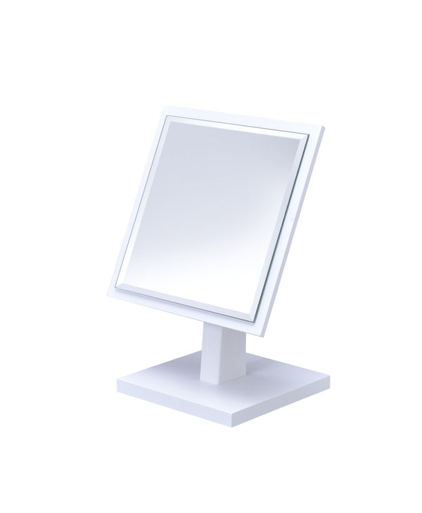 ORE International 9.25 in Square Bevelled Pedestal Vanity Mirror with 360 Degree Swivel for Makeup White SUN-3