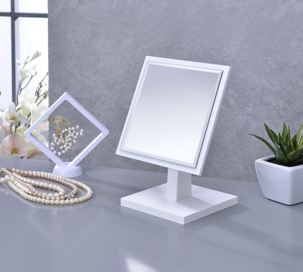 ORE International 9.25 in Square Bevelled Pedestal Vanity Mirror with 360 Degree Swivel for Makeup White SUN-3