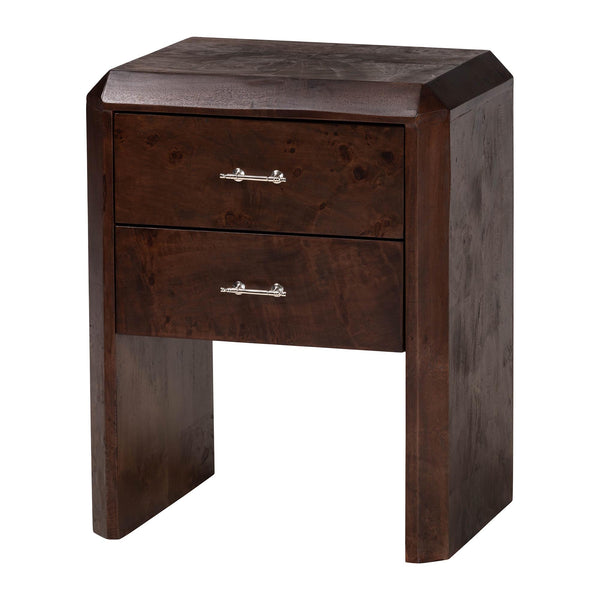 Baxton Studio Bali & Pari Nebu Handcrafted Burl Veneer Bedroom Nightstand with Two Smooth Drawers SVN-1311-Dark Walnut-Nebu-NS
