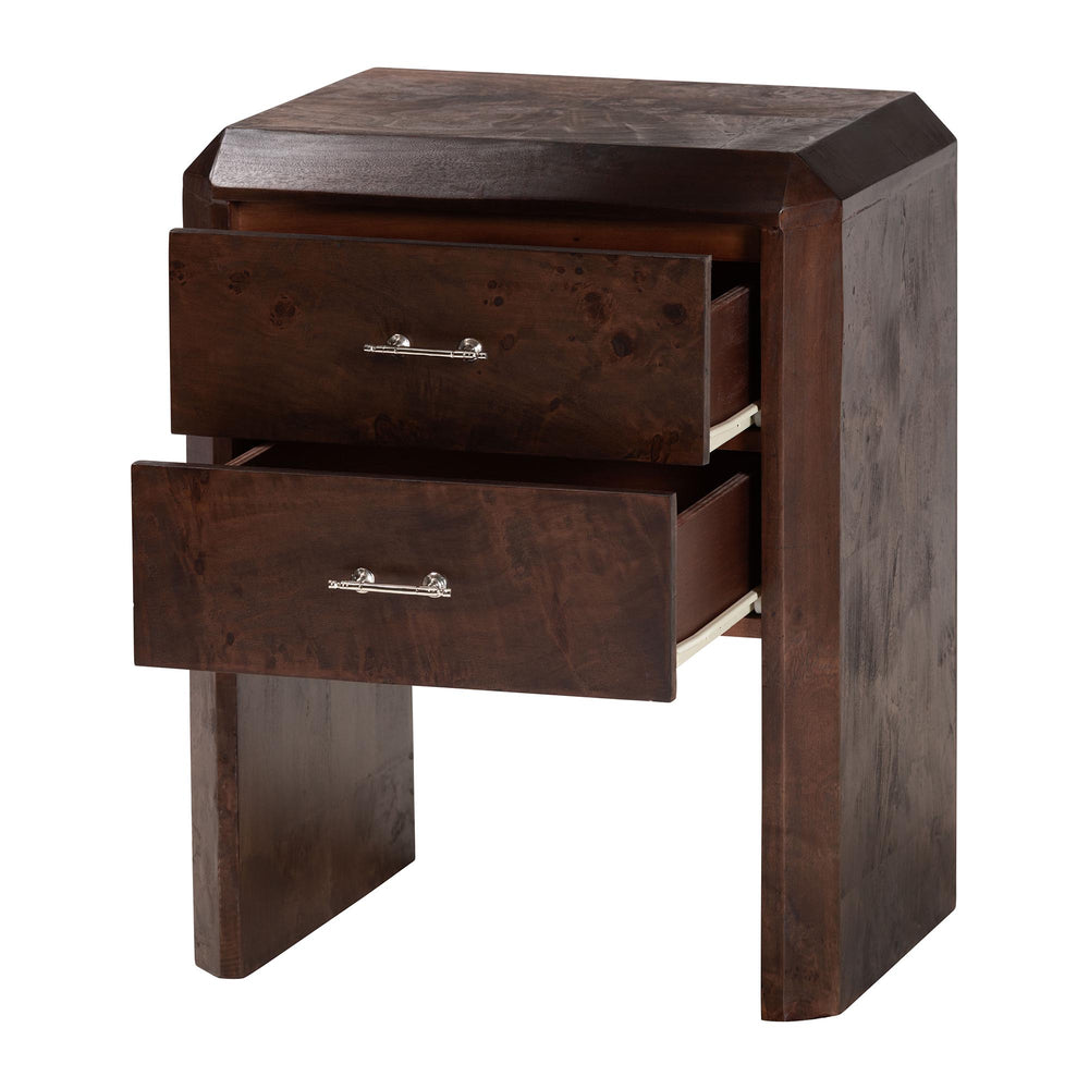 Baxton Studio Bali & Pari Nebu Handcrafted Burl Veneer Bedroom Nightstand with Two Smooth Drawers SVN-1311-Dark Walnut-Nebu-NS