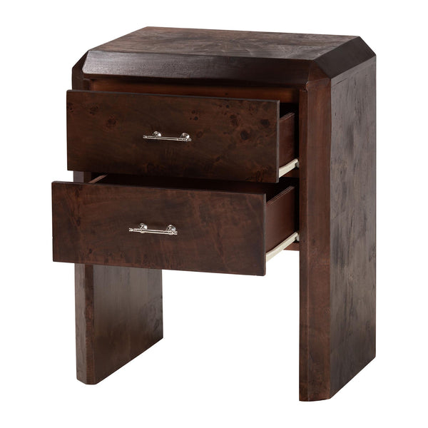 Bali & Pari Nebu Handcrafted Burl Veneer Bedroom Nightstand with Two Smooth Drawers