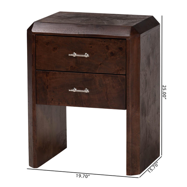 Bali & Pari Nebu Handcrafted Burl Veneer Bedroom Nightstand with Two Smooth Drawers
