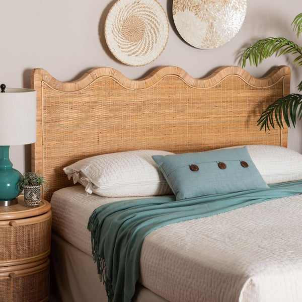 Bali & Pari Cassio Handwoven Rattan Headboard with Scalloped Boho Coastal Bedroom Design