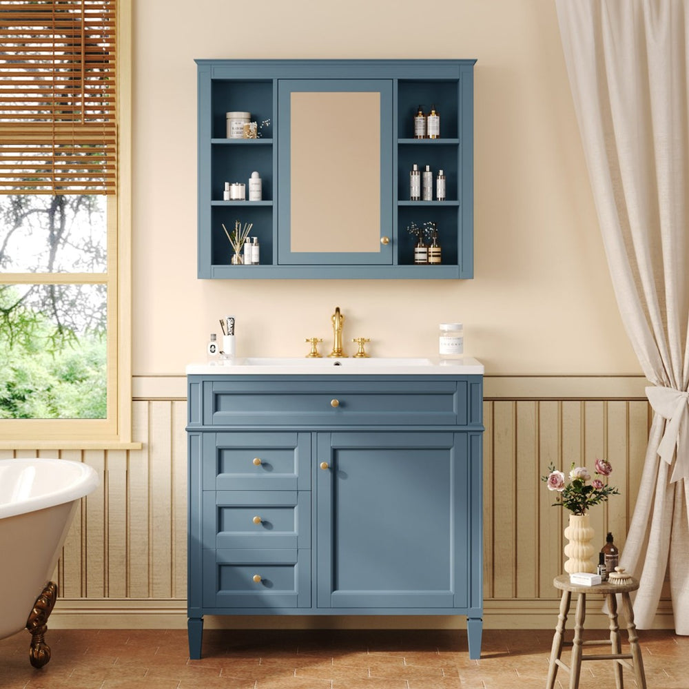 English Elm 36'' Modern Bathroom Vanity Indigo Blue with Mirror Cabinet and Ceramic Sink SW000134AAM-1