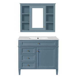 English Elm 36'' Modern Bathroom Vanity Indigo Blue with Mirror Cabinet and Ceramic Sink SW000134AAM-1